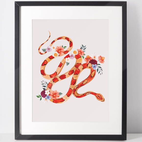 Other - Wall Art Watercolor Floral Snake Illustration Print Poster Unframed